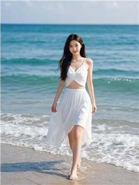 夏日海边沙滩白裙美女摄影图片